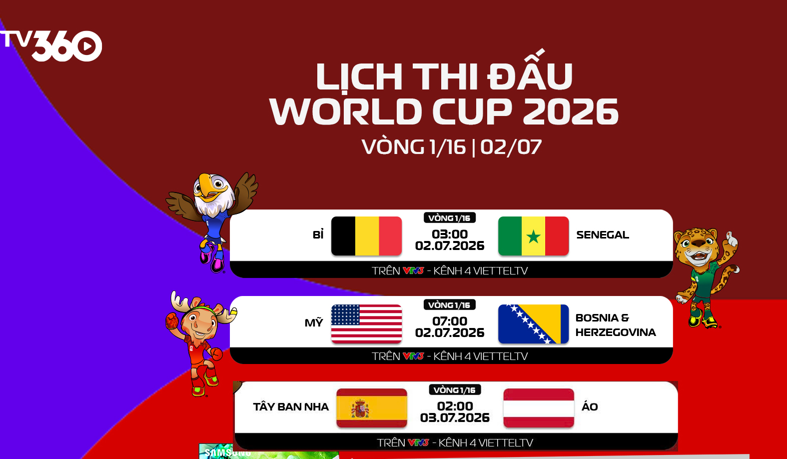 Lịch thi đấu World Cup 2026 hôm nay (2-7)